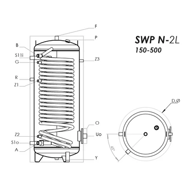 Kép 4/4 - Sunsystem SWP N 2L 150 indirekt használati meleg víz tartály 1 extra méretű hőcserélővel (141 liter)