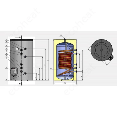 Kép 5/5 - ELDOM Green Line S21 500 álló indirekt HMV tartály (500 liter / 2 párhuzamos hőcserélő / 9 kW elektromos fűtőbetét)