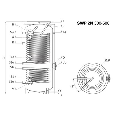 Kép 5/7 - SUNSYSTEM SWP 2N 500 indirekt használati meleg víz tartály hőszivattyúhoz (500 liter) - 2 hőcserélővel