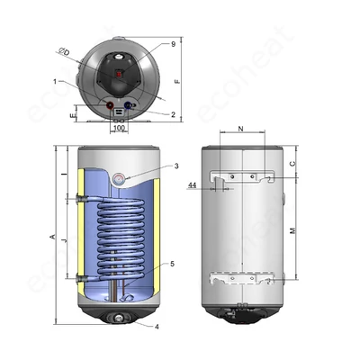 Kép 5/5 - ELDOM Green Line SR100 - fali indirekt használati meleg víz tartály 1 hőcserélővel (jobbos / 91 liter / 2 kW / 462 mm Ø)