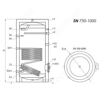 Kép 5/7 - Sunsystem SN 750 indirekt használati meleg víz tartály 1 hőcserélővel (709 liter)